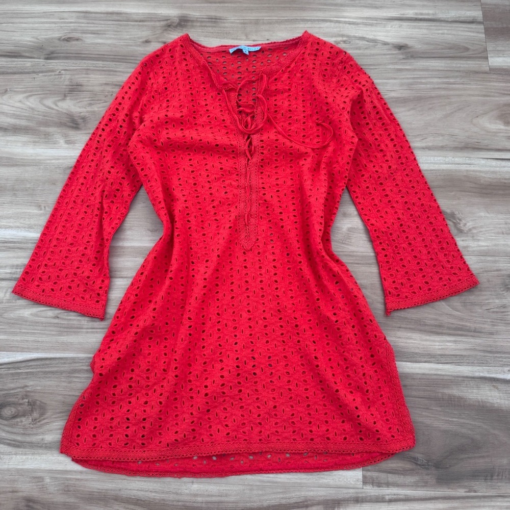 Antonio Melani Red Cotton Eyelet Lace Up Tunic Mini Dress‎ Cover Up Medium a3